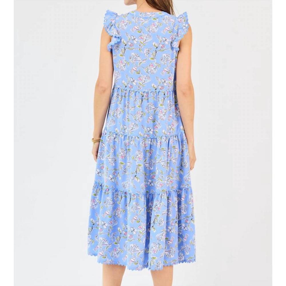 Blue Floral Tiered Midi Dress with Ruffle Sleeves - Picture 3 of 3